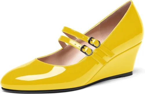 Vista 14 de SHOWFOREST Zapatos de tacón bajo con hebilla de punta redonda para mujer, con correa ajustable y correa ajustable, 2 pulgadas Beige