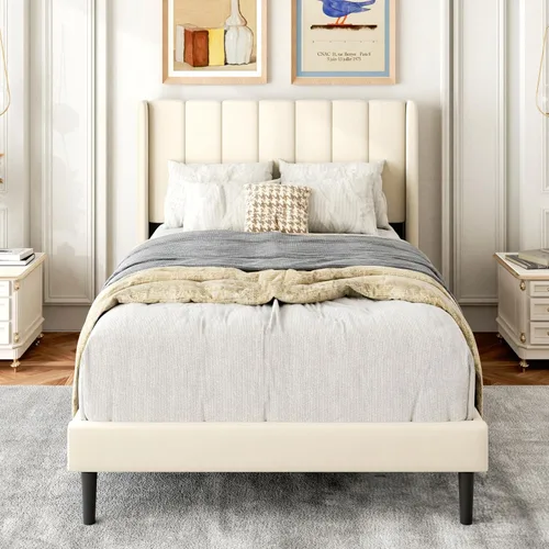 Vista 12 de Gruwans Base de cama de tamaño individual con cabecera tapizada con respaldo de ala, plataforma de fácil montaje, soporte de listones de madera,