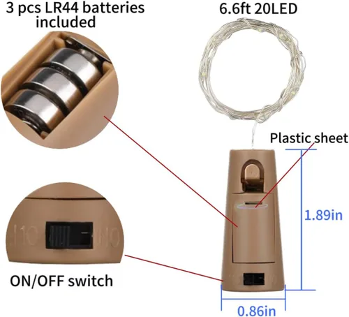 Vista 6 de Luces para Botella de Vino 20 LEDs, Luces de Corcho Impermeables, Pilas (Incluídas), Mini Cadena de Luces de Hadas Operadas con Batería para DIY