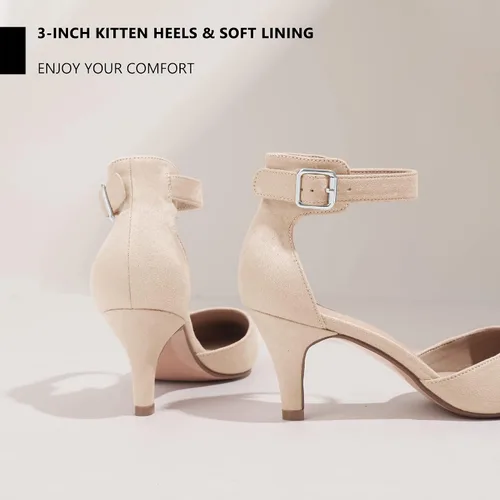 Vista 3 de IDIFU IN3 D'Orsay Zapatos de tacón bajo para mujer, zapatos de vestir puntiagudos con puntera cerrada, correa de tobillo para novia, elegante