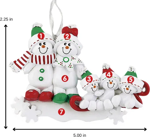 Vista 4 de Adorno personalizado con diseño de muñeco de nieve, familia de 5 integrantes, adorno para árbol de Navidad, decoración artesanal personalizada