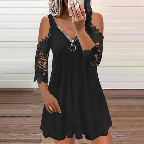Vista 2 de Balakie Vestido corto de verano con hombros descubiertos para mujer con cremallera cuello en V correa de diamantes de imitación manga corta casual
