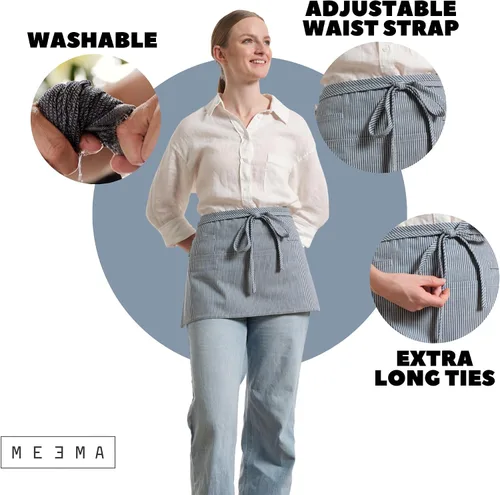 Vista 5 de MEEMA Delantal de cintura de chef de tela de algodón, lavable y transpirable, medio delantal para mujer con bolsillos y correas largas