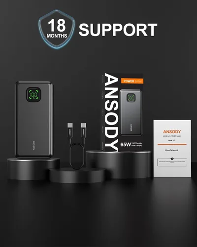 Vista 9 de Banco de energía de 65W, cargador portátil USB C para laptop de 25000mAh esencial para viajes, paquete de batería de carga rápida total de 100W