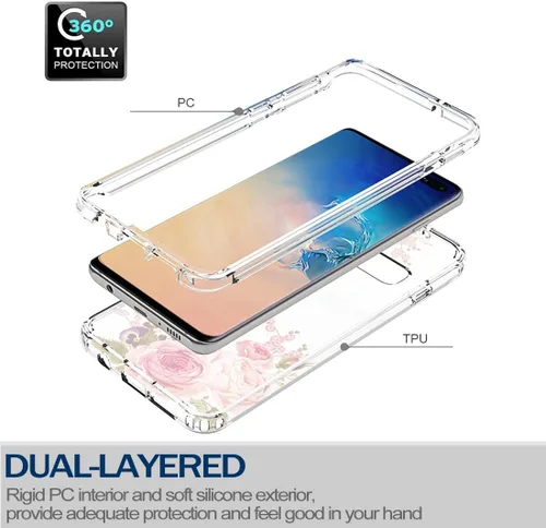 Vista 3 de Funda para Galaxy S10+ Plus SM-G975U con protector de pantalla de vidrio templado, carcasa rígida de diseño floral de cuerpo completo + funda de TPU