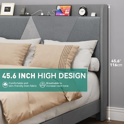 Vista 3 de YITAHOME Base de cama Queen con puertos tipo C y USB, plataforma tapizada de lino con cabecera de almacenamiento de lino, no necesita somier, sin