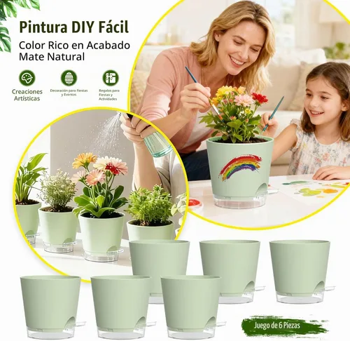 Vista 6 de Macetas de riego automático de 4 pulgadas, paquete de 6 macetas de plástico con agujeros de drenaje y platillos transparentes, macetas de plástico