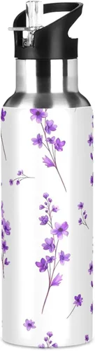 Vista 8 de Purple Flowers Leaves Stainless Steel Water Bottle 20 Oz Leakproof Water Bottles, BPA-Free Sports Water Bottle with Straw