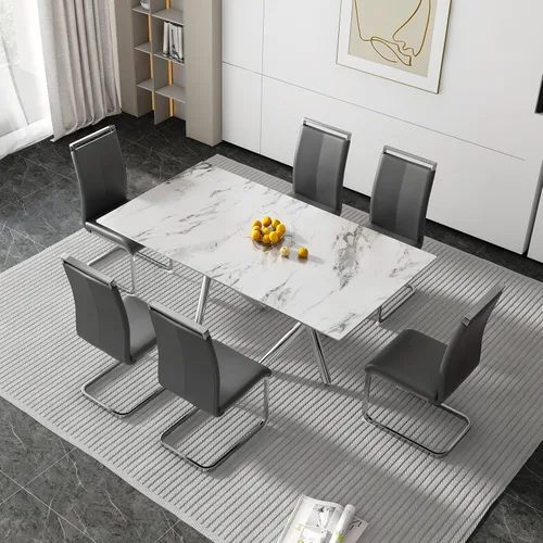 Vista 21 de Juego de 6 mesas de comedor de cristal, moderno juego de mesa de comedor de vidrio templado rectangular transparente de 71 pulgadas y 6 sillas