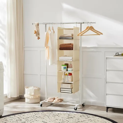 Vista 2 de MAX Houser Organizador colgante de armario de 6 niveles, estante colgante de tela con 2 ganchos resistentes para almacenamiento, plegable (beige)