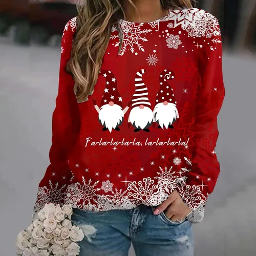 Vista 3 de Sudadera de manga larga con estampado de ciervos y copos de nieve para mujer, cuello redondo, para otoño e invierno, suéter suave casual