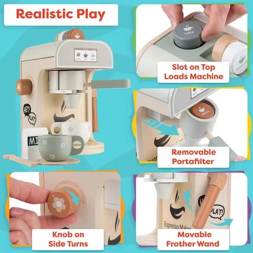 Vista 5 de Hey Play - Cafetera de juguete de madera para niños, 11 piezas, juego de cocina para niños con máquina de café expreso, accesorios de cocina