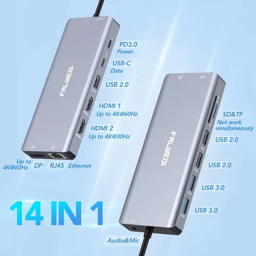 Vista 2 de Estación de acoplamiento para portátil con monitor doble, adaptador multipuerto USB C 14 en 1 con 2 HDMI, DisplayPort, Ethernet, SD/TF, puertos USB