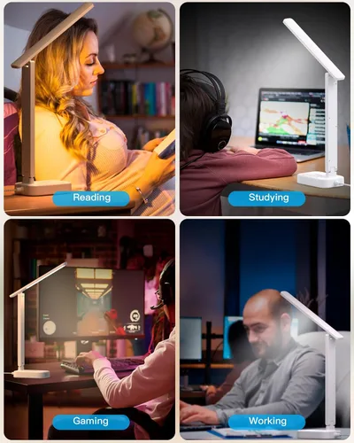 Vista 10 de One Beat lámpara de escritorio LED pequeña con extensión de 5 pies, tira de corriente con 3 tomas de corriente, 4 puertos USB (2 USB C), 4 modos, 5