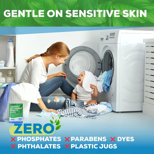 Vista 3 de Eco Washer Sheets Detergent - 100 cargas, cero jarras de plástico, sin desorden y tiras de lavandería que ahorran espacio, detergente para ropa
