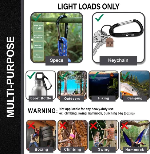 Vista 4 de Rhino Produxs 8PCS Lightweight Snap Carabiner Clips, D Ring Shape 8PCS Keyring Included, Outdoor & Camping, Hiking, Water Bottle Hook