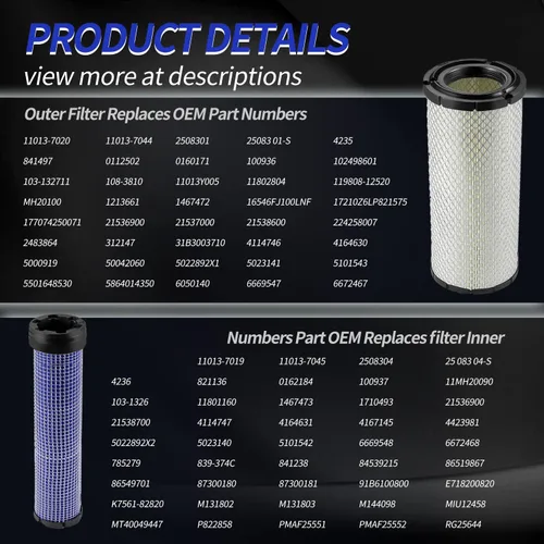 Vista 5 de Para Kawasaki 11013-7044 y 11013-7045 Limpiadores de filtro de aire interior y exterior Combo OEM para Donaldson Kohler 25-083-01-S P821575 y P822858