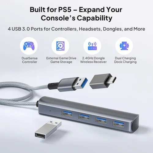 Vista 2 de Elebase USB Hub for PS5 Pro/Slim,4 Port USB 3.0 Multiple Splitter 1 in 4 Out with 0.7FT Long Cable,5Gbps High-Speed Extender Hub with OTG & USB