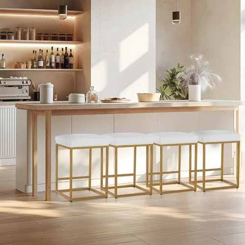 Vista 7 de Juego de 2 taburetes de bar de oro blanco para encimera de cocina, 24 pulgadas, sin espalda, modernos y elegantes, taburetes tapizados de piel