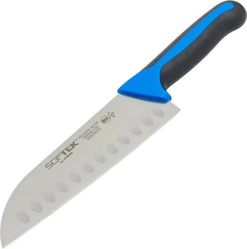 Vista 4 de Sof-Tek, cuchillo Santoku de 7 pulgadas, mango de agarre suave, plata/negro/azul