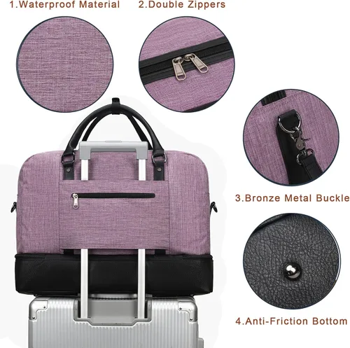 Vista 5 de Bolsa de fin de semana, bolsa de fitness de lona para mujer, bolsa de equipaje, bolsa de viaje grande con compartimento para zapatos, juego de tres