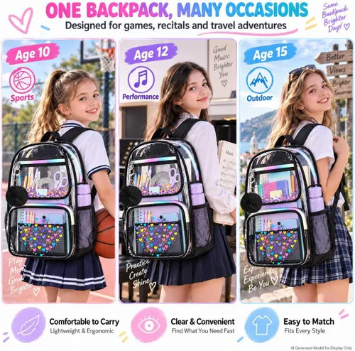 Vista 6 de AGSDON Mochila transparente, resistente bolsa transparente para libros, mochilas de PVC transparente para mujeres y hombres 17 negro transparente