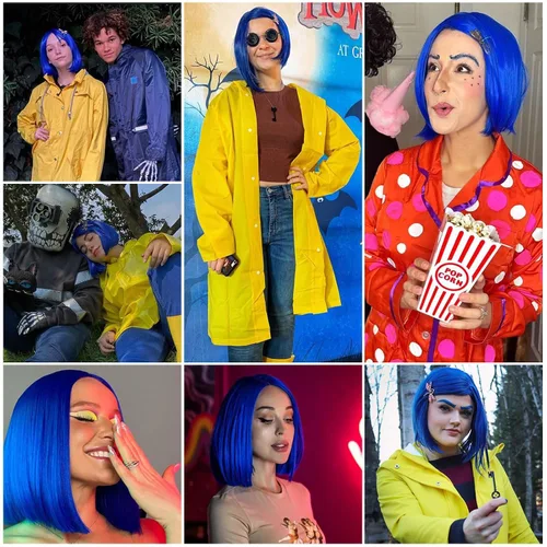 Vista 5 de Peluca de cosplay estilo Bob azul oscuro + horquilla de libélula + collar para fiesta, disfraz de Halloween, peluca de mujer