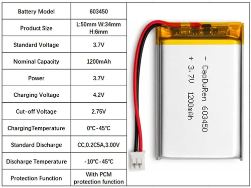 Vista 2 de Batería recargable de iones de polímero de litio Li Lipo de 3.7V con conector JST de 2 pines 0.079 in (603450 1100mAh)