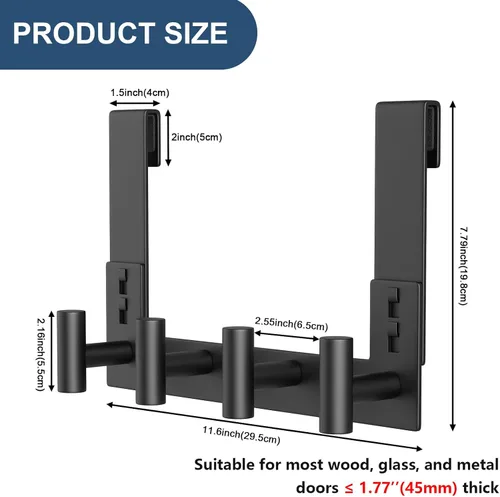 Vista 2 de HUFEEOH Paquete de 1 soporte negro para puerta con 4 ganchos en T