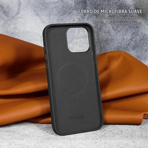 Vista 3 de Funda de cuero genuino para iPhone 13 Pro, cuero de grano completo, compatible con MagSafe y carga inalámbrica, bisel de la cámara con botones Negro