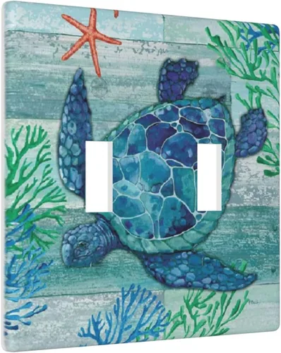 Vista 2 de Placas de interruptor de luz de doble palanca con diseño de tortuga marina y estrella de mar del océano, cubiertas de tomacorriente de 2 gang A1