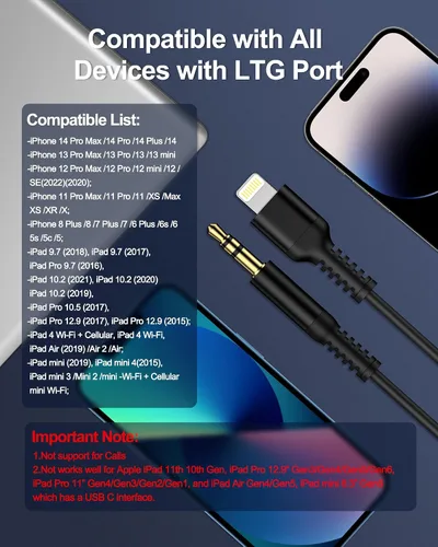 Vista 7 de Cable auxiliar para iPhone, cable de audio Lightning de 3.5mm con espiral, cable auxiliar macho certificado MFi de Apple para iPhone 14 Pro Max 13