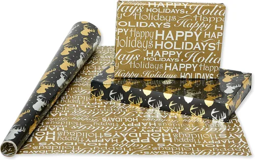 Vista 5 de American Greetings - Rollos de papel de regalo de Navidad de aluminio, envoltura de regalo festiva metálica en amarillo dorado y negro