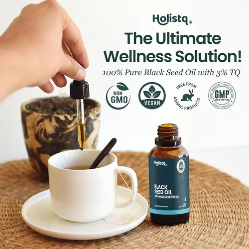 Vista 5 de Holistiq Aceite de Semilla Negra Orgánico Prensado en Frío en Gotas 3% Timoquinona Sin OMG y Vegano Aceite de Comino Negro Prensado en Frío