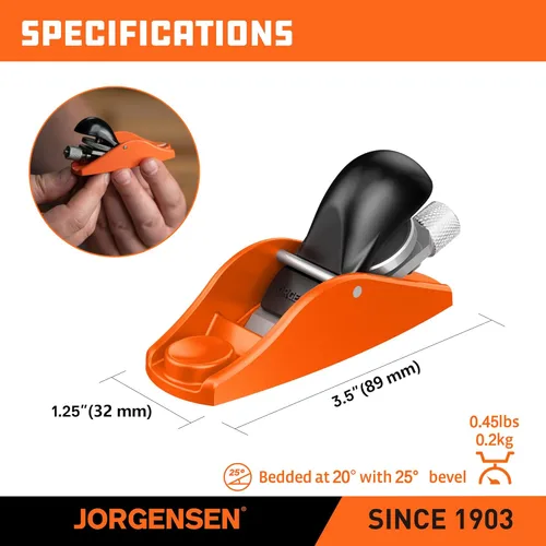 Vista 8 de JORGENSEN 3.5" Mini cepilladora de madera - Mini cepilladora de mano para carpintería, bloque plano, pequeña mano plana para recorte, cepillado