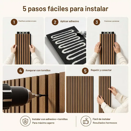Vista 10 de Amsleekey Paquete de 4 paneles de pared de listones de madera acústica de Teca