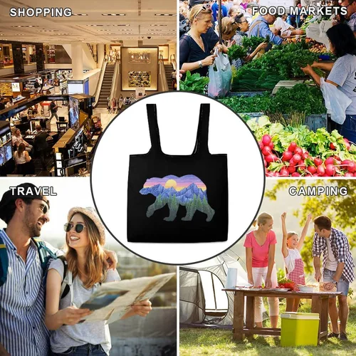 Vista 8 de Sunset Bear - Bolsas de comestibles reutilizables plegables para compras, bolsas de almacenamiento ligeras con asas