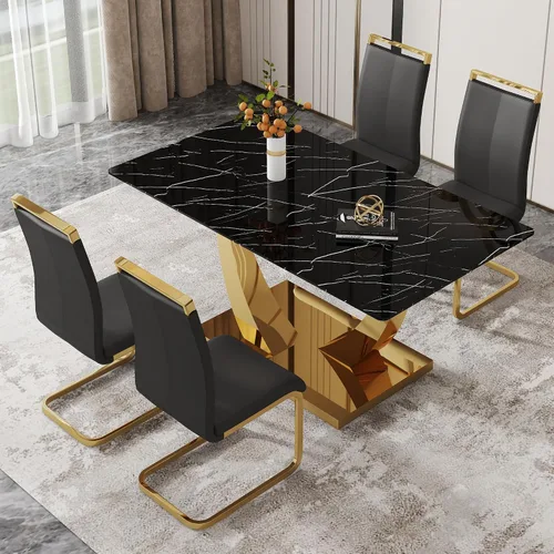 Vista 3 de Juego de mesa de comedor de 63 pulgadas para 4, juego de mesa de comedor dorado moderno para 4, juego de mesa de cocina de mármol sintético