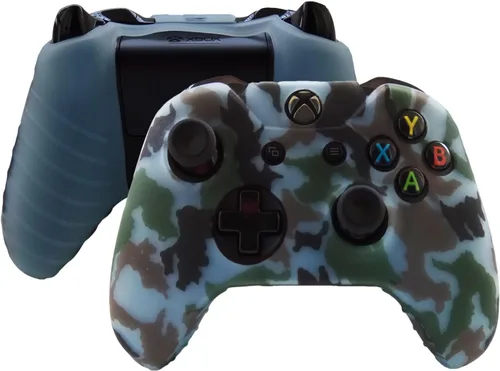 Vista 4 de Hikfly Kit protector de piel de silicona para Xbox One - Camuflaje con 8 tapas de agarre para pulgar (azul claro)