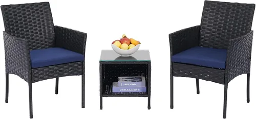Vista 8 de 3 Piece Patio Furniture Set, Black Wicker Chairs with Blue Cushions Blue/Black