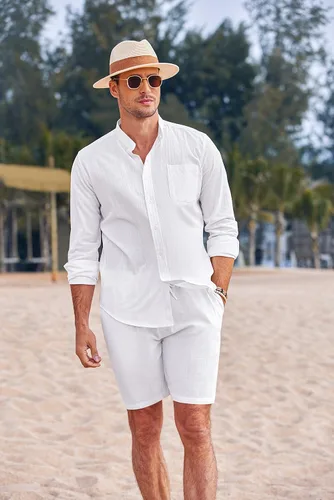 Vista 2 de COOFANDY Conjuntos de lino para hombre, 2 piezas, camisa de manga larga y pantalones cortos casuales con cordón en la cintura, trajes de verano