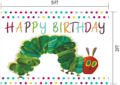 Vista 2 de Fondo de fotografía de feliz cumpleaños, fiesta temática de oruga de 5 x 3 pies, diseño de insectos de color arco iris, dibujos animados para niños