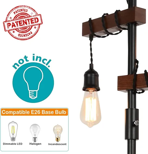 Vista 4 de Lámpara de pie industrial regulable, lámpara de pie de árbol de granja, lámpara de pie de madera de 68 pulgadas, 3 luces, base resistente, luz