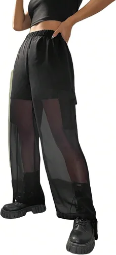 Vista 3 de WDIRARA Pantalones cargo de gasa con cintura elástica lateral y cordón para mujer