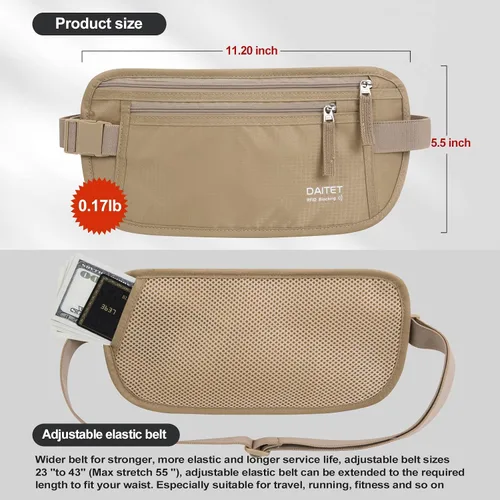 Vista 74 de DAITET Cinturón de dinero, soporte para pasaporte, cartera de viaje oculta segura con bloqueo RFID, riñonera encubierta (negro), Negro, Rfid