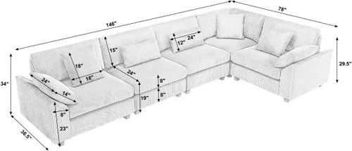 Vista 2 de Anwick Sofá modular en forma de L de 117 pulgadas, moderno sofá modular de pana con otomana movible de 5 asientos, sofás seccionales convertibles