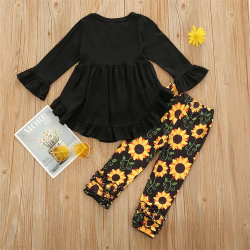 Vista 4 de Conjunto de 2 piezas para niñas y bebés, con estampado de cuello redondo, de algodón, de manga larga, pantalones largos