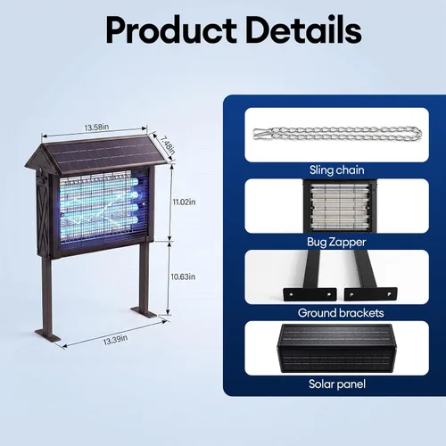 Vista 10 de Exterminador solar de insectos 2026 al aire libre Impermeable: 4500 V Mosquito Zapper con panel solar de 14 W, Asesino de mosquitos de Negro