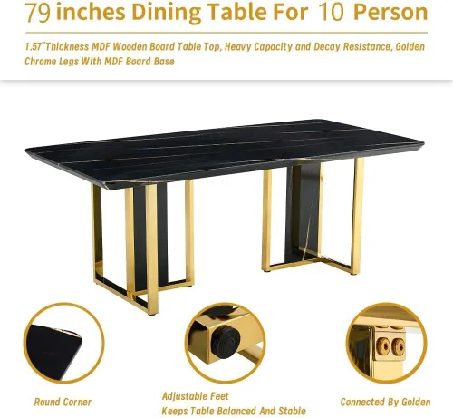 Vista 6 de Juego de mesa de comedor de mármol negro dorado de 79 pulgadas para 8 Sillas negras+oro