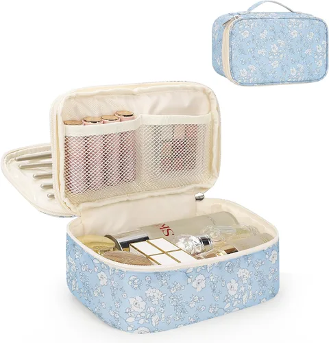 Vista 14 de Relavel Bolsa de maquillaje pequeña para mujer y niña, bolsa de maquillaje y brochas portátil de 2 capas, organizador de brochas de regalo de Navidad